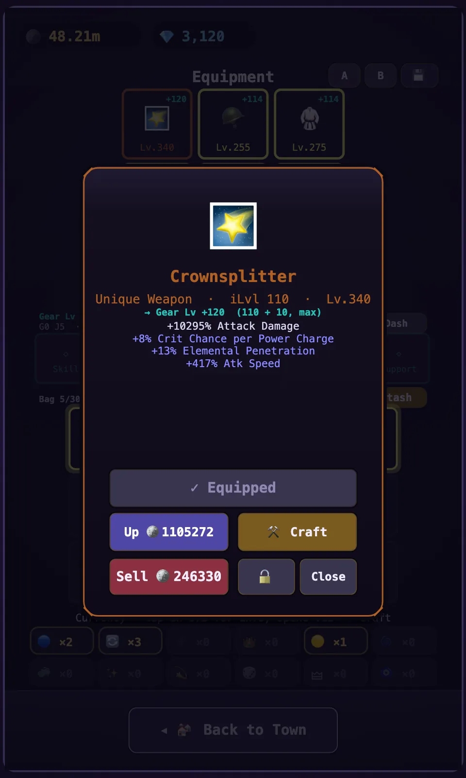 The item card for Crownsplitter, the Sovereign's weapon, at gear level 340 with its rolled affixes